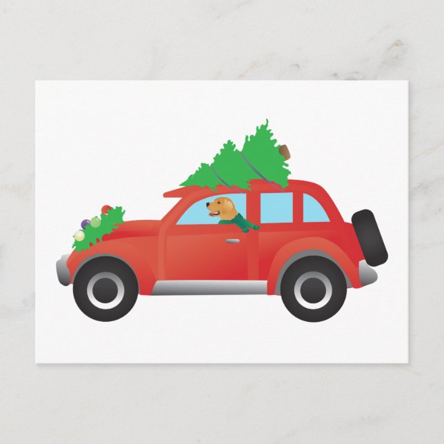 Cartão Postal De Festividades Golden retriever que conduz o carro com árvore de (Frente)