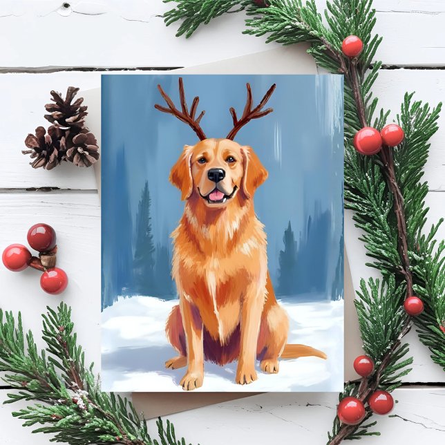Cartão Postal De Festividades Golden Retriever Reindeer Antlers Christmas (Criador carregado)