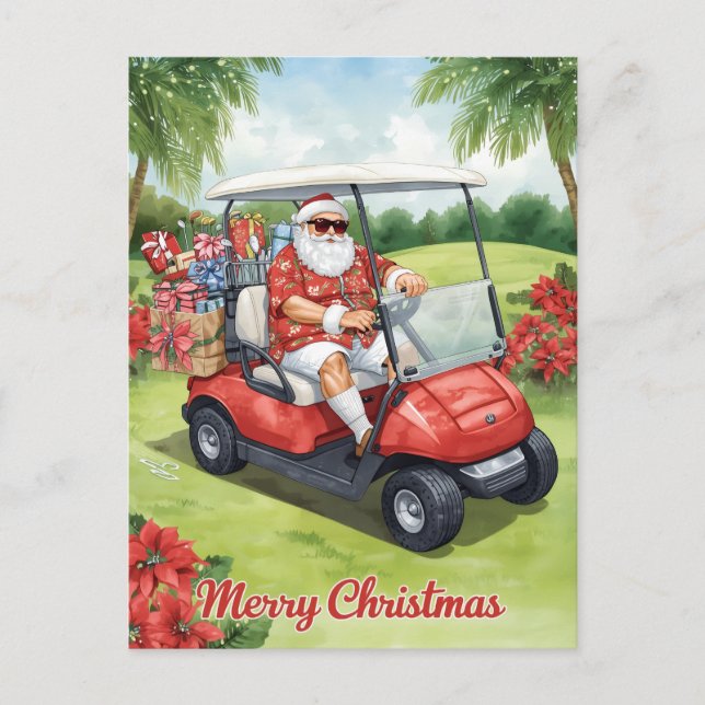 Cartão Postal De Festividades  Golf ChristmasSanta driving golf cart (Frente)