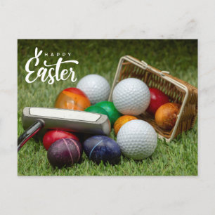 Cartão Postal De Festividades Golf de Páscoa com bola de golfe ovos coloridos 