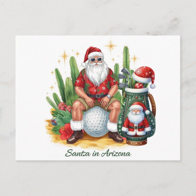 Cartão Postal De Festividades Golf Desert Christmas Cactus Santa Claus Golfer (Frente)