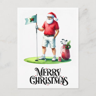Cartão Postal De Festividades Golf Feliz Natal com Papai Noel no Verde