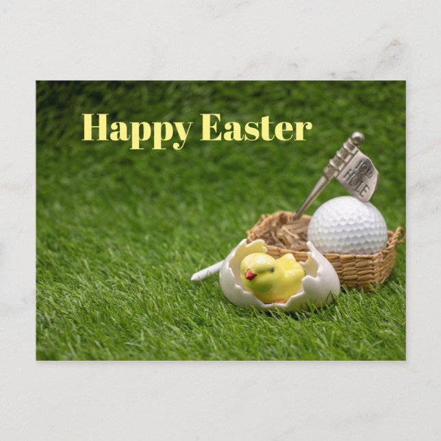 Cartão Postal De Festividades Golf Happy Easter with chicken and golf ball (Frente)