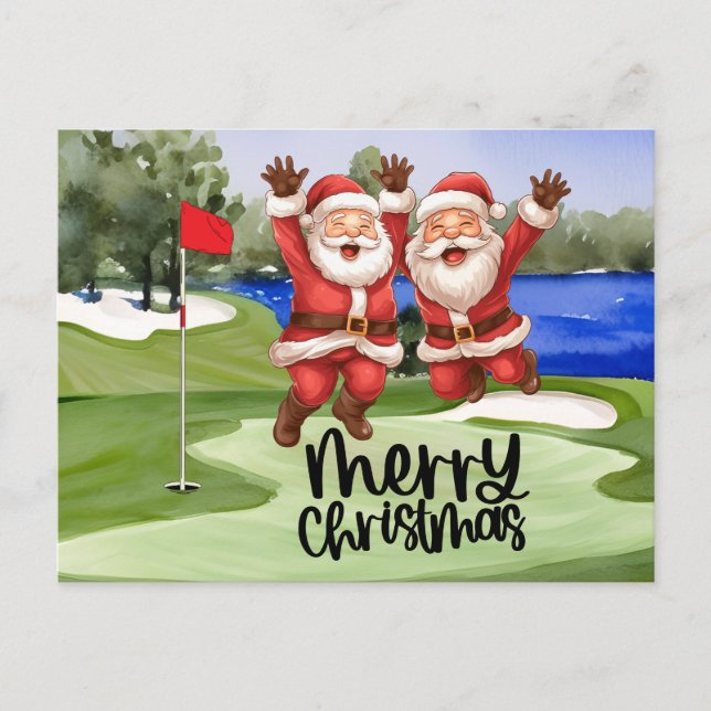 Cartão Postal De Festividades Golf Natal Papai Noel com bandeira verde (Frente)