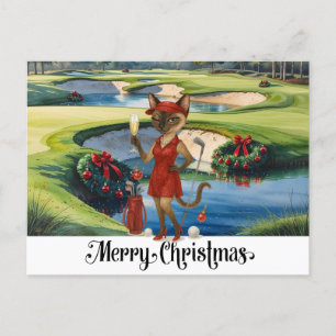Cartão Postal De Festividades Golf Natal temido com Golfista Gato Siamês