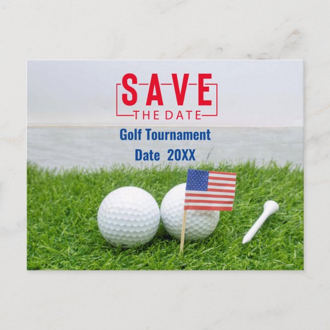 Cartão Postal De Festividades Golf Outing Salve Data com Bandeira da América (Frente)