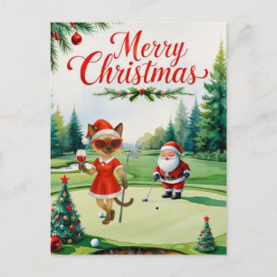 Cartão Postal De Festividades Golf Siamese Cat está no campo de golfe de Natal