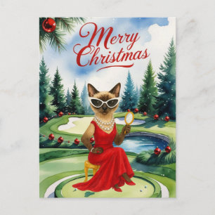 Cartão Postal De Festividades Golf Siamese Cat está no campo de golfe de Natal