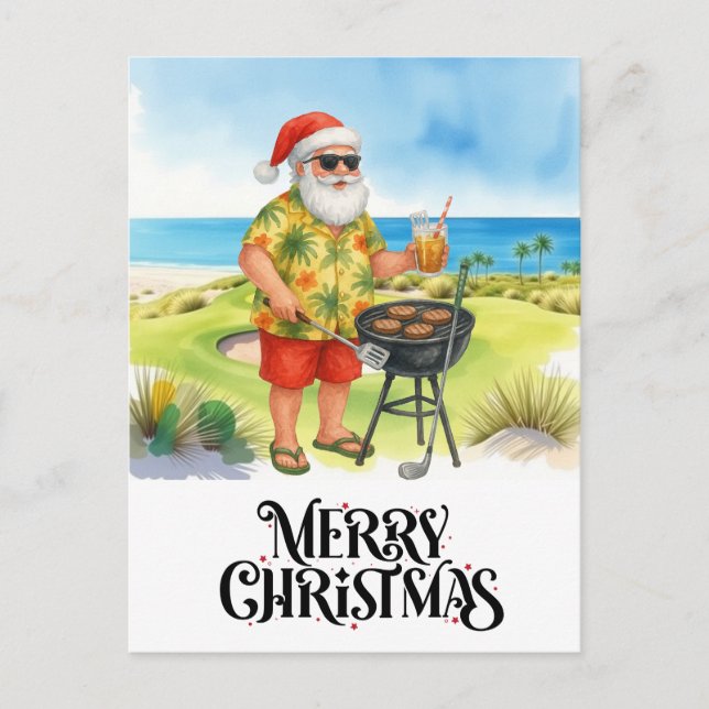 Cartão Postal De Festividades Golfe Feliz Natal com Papai Noel verde (Frente)