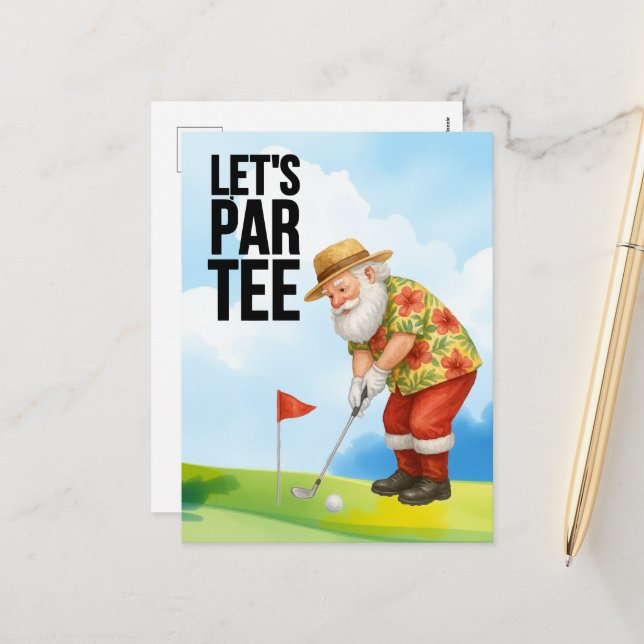 Cartão Postal De Festividades Golfe julho Natal com Papai Noel Golfing (Frente/Verso In Situ)