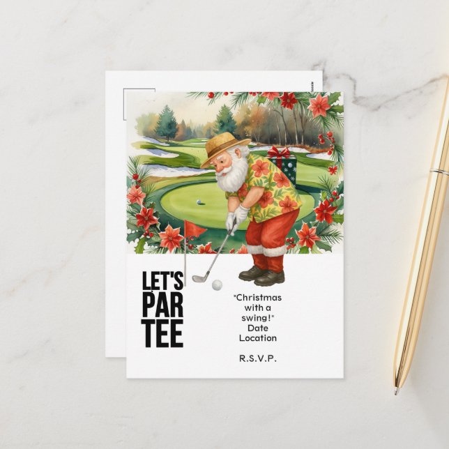 Cartão Postal De Festividades Golfe julho Natal com Papai Noel Golfing (Frente/Verso In Situ)
