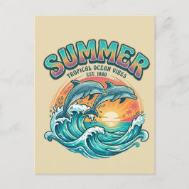 Cartão Postal De Festividades Golfinho retrô tropical / férias de verão na praia