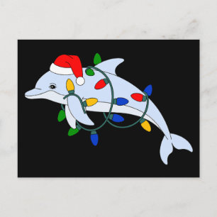 Cartão Postal De Festividades Golfinhos de Natal Chapéu do Papai Noel Luzes de N