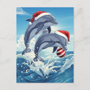 Cartão Postal De Festividades Golfinhos do Mar Alegre Chapéus de Papai Noel Feri