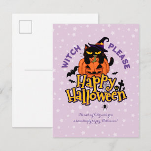 Cartão Postal De Festividades Gordinha Bruxa Gata Preta Por Favor Feliz Dia das