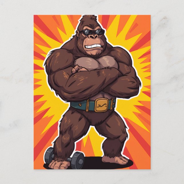 Cartão Postal De Festividades Gorilla Bodybuilder Weight Lifter Pop Art Cartoon (Frente)