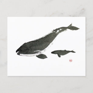Cartão Postal De Festividades Gray whale mom and baby sumie ink painting