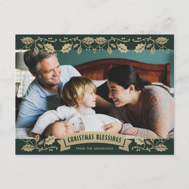 Cartão Postal De Festividades Green Christmas Blessings Christian Photo (Frente)