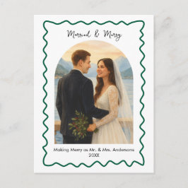 Cartão Postal De Festividades Green Married and Merry First Christmas Photo 