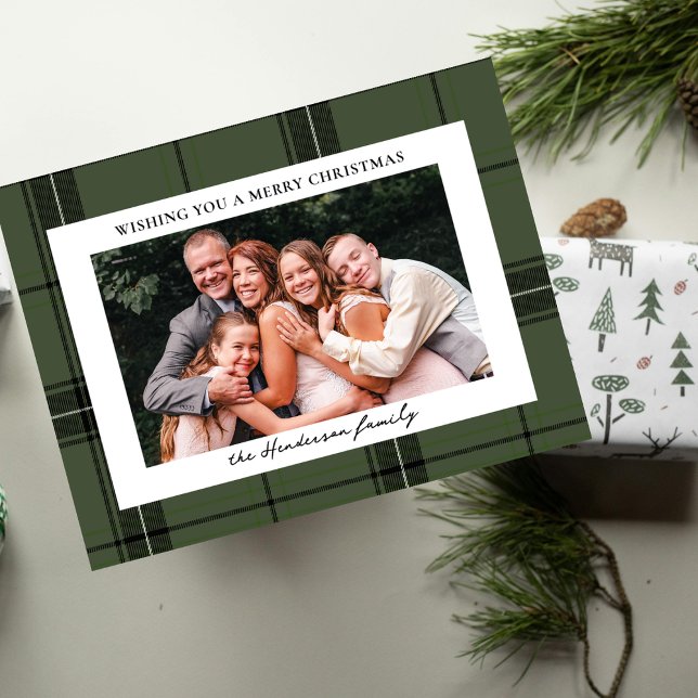 Cartão Postal De Festividades Green Plaid Custom Horizontal Photo Christmas  (Criador carregado)