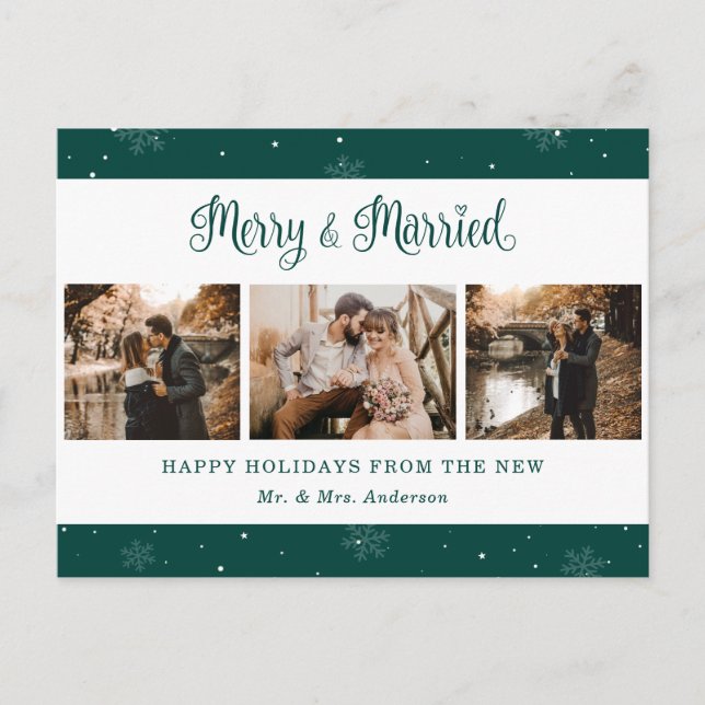 Cartão Postal De Festividades Green Snowflake Botanical Newlywed Photo Holiday (Frente)