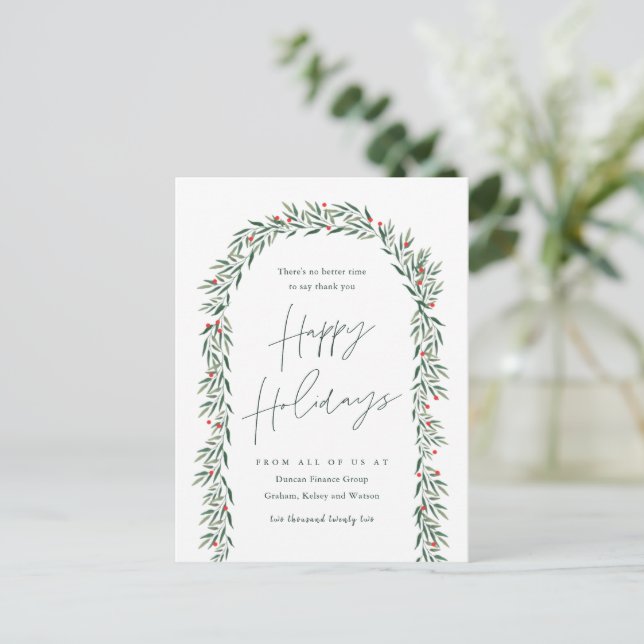 Cartão Postal De Festividades Greenery Arch Modern Script Business Holiday Card (Em pé/Frente)