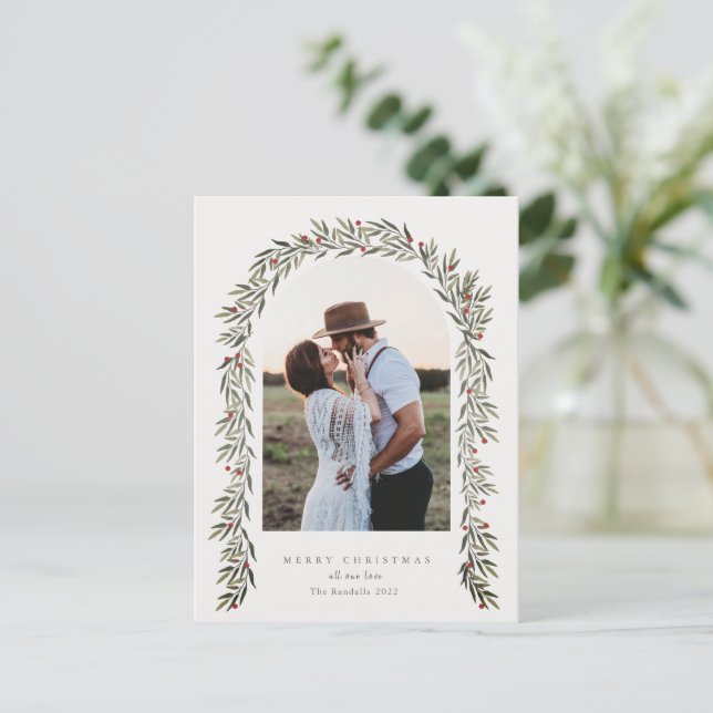 Cartão Postal De Festividades Greenery Arch Modern Script Foto de Natal (Em pé/Frente)
