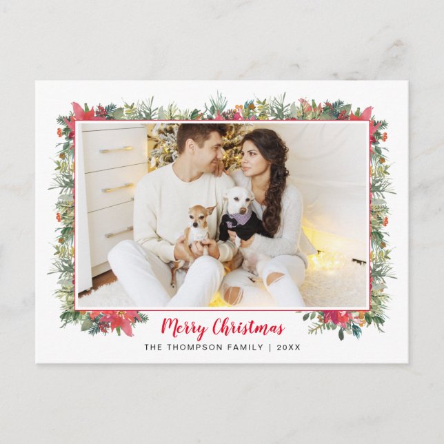 Cartão Postal De Festividades Greenery Botanical Script Foto Natal (Frente)