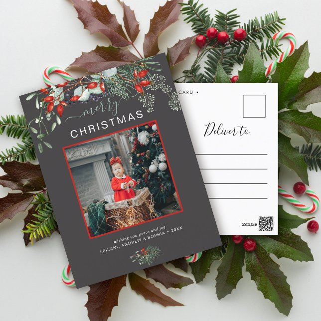 Cartão Postal De Festividades Greenery Felry Foto de Natal Cinza de Aquarela (You will love these beautiful Christmas cards! They feature botanical watercolor pine and berries.)
