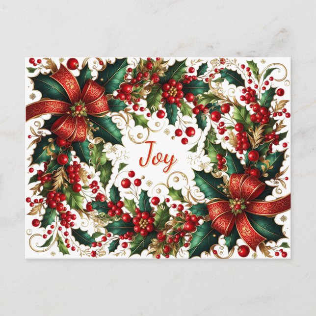 Cartão Postal De Festividades Greenery with holly wreaths Joy (Frente)