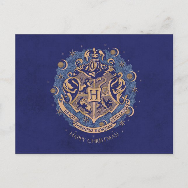 Cartão Postal De Festividades Grinalda de Natal com Brasão da HOGWARTS™ Azul (Frente)