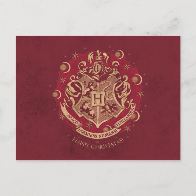 Cartão Postal De Festividades Grinalda de Natal com Brasão da HOGWARTS™ Vermelha (Frente)