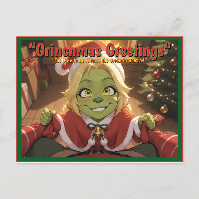 Cartão Postal De Festividades Grinchmas Greetings – Cute Anime Holiday Postcard (Frente)