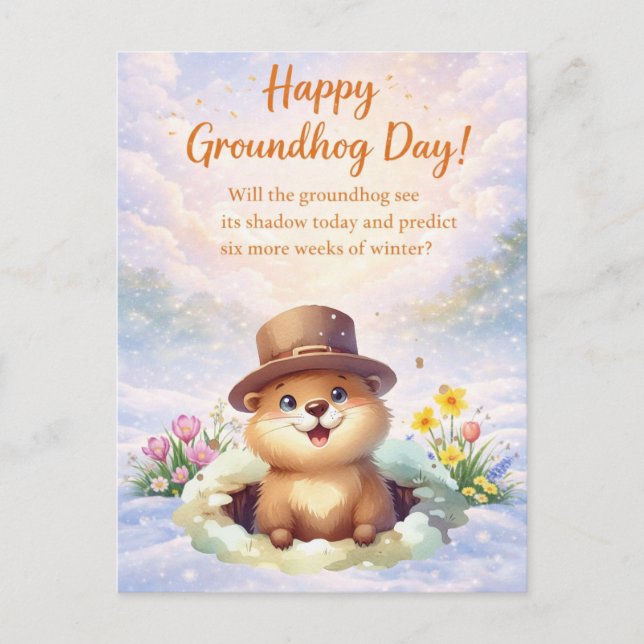 Cartão Postal De Festividades Groundhog Day watercolor  (Frente)