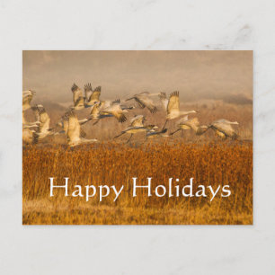 Cartão Postal De Festividades Gruas sobre campo dourado, Boas Festas
