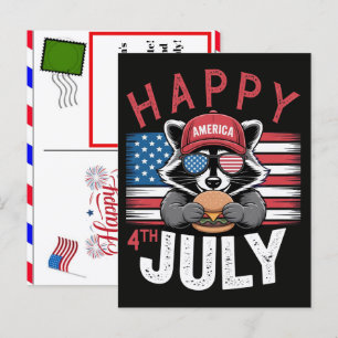 Cartão Postal De Festividades Guaxinim curtindo um hambúrguer no dia 4 de julho