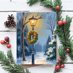 Cartão Postal De Festividades Guirlanda de Natal Lampada de Rua Nevada Aquarela