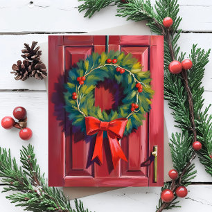 Cartão Postal De Festividades Guirlanda de Natal Porta Vermelha Aquarela