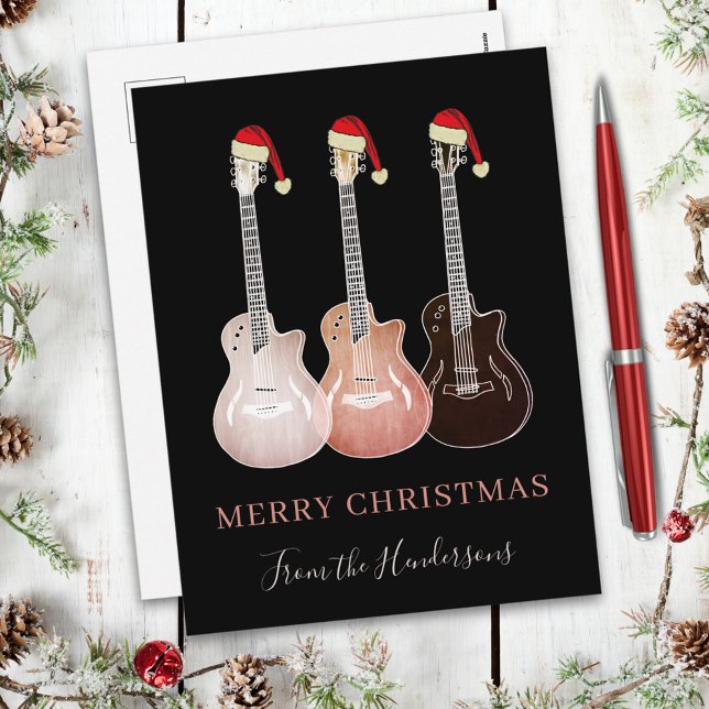 Cartão Postal De Festividades Guitarras Russas - Feliz Natal Personalizado (Personalized Guitars wearing Santa hats  christmas budget holiday greetings postcard)