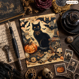 Cartão Postal De Festividades Halloween Antigo Gato Preto Feriado