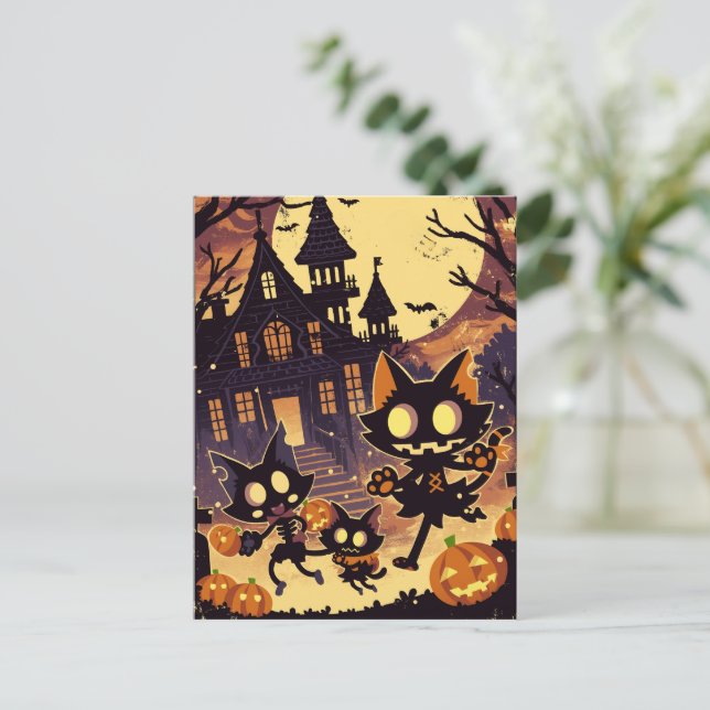 Cartão Postal De Festividades Halloween Cats by the Haunted House (Em pé/Frente)