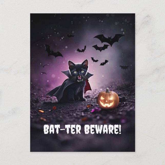 Cartão Postal De Festividades Halloween de vampiro de gato preto bonito (Frente)