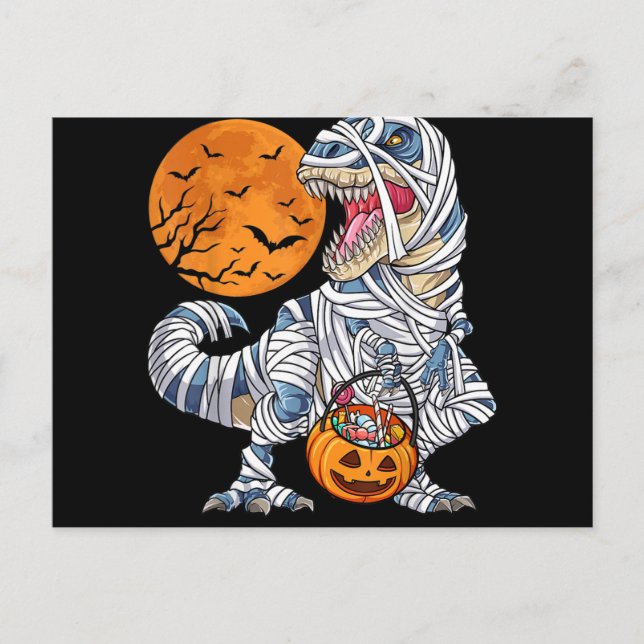 Cartão Postal De Festividades Halloween Dinossaur T rex Mummy Pumpkin (Frente)