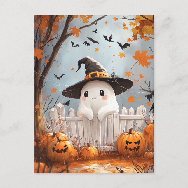 Cartão Postal De Festividades Halloween Ghost com abóboras (Frente)