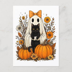 Cartão Postal De Festividades Halloween Ghost segurando gato preto