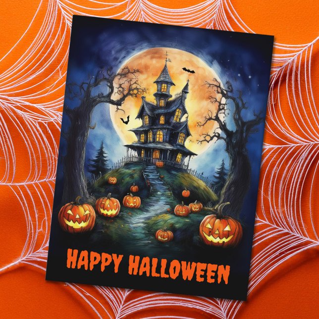 Cartão Postal De Festividades Halloween Haunted House com Pumpkins (Criador carregado)