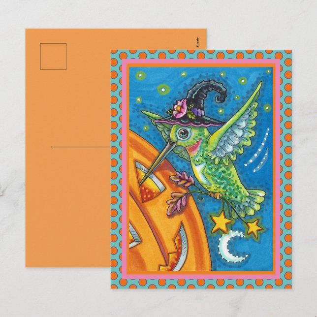 CARTÃO POSTAL DE FESTIVIDADES HALLOWEEN HUMMINGBIRD & JACK O LANTERN WHIMSY HOLI (Frente/Verso)