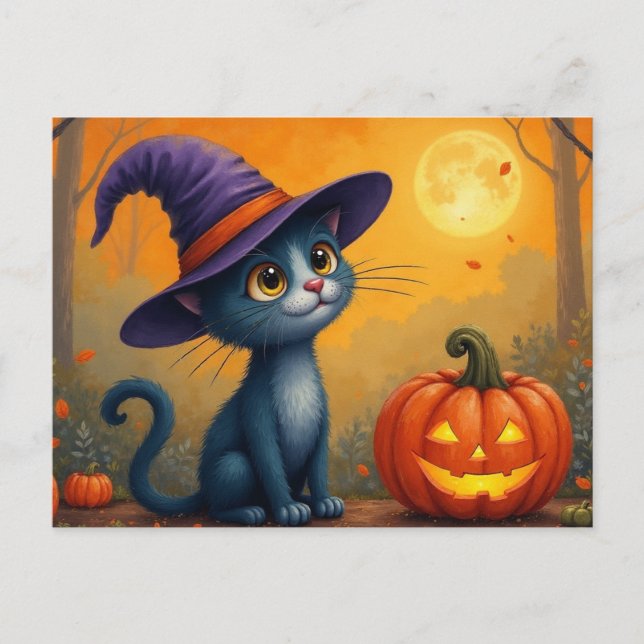 Cartão Postal De Festividades Halloween Kitten e Jack O'Lantern (Frente)