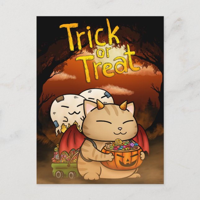 Cartão Postal De Festividades Halloween Little Devil Cat (Frente)