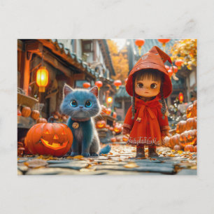 Cartão Postal De Festividades Halloween Magic com Pumpkins e Cat
